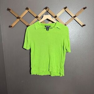 Rafaella Womens Lime Green Ribbed Knit Polo Shirt Short Sleeve Cotton Large